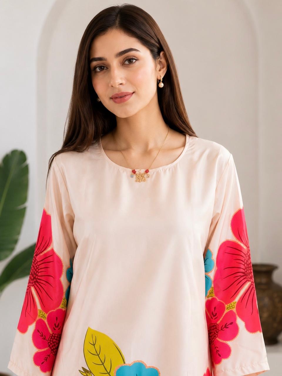 Satin Flower Co-Ord Set for Women | Ivory Floral Print Kurta Palazzo Set