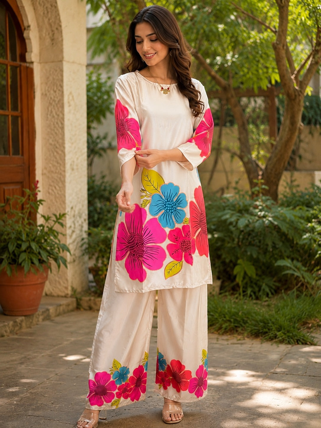 Satin Flower Co-Ord Set for Women | Ivory Floral Print Kurta Palazzo Set