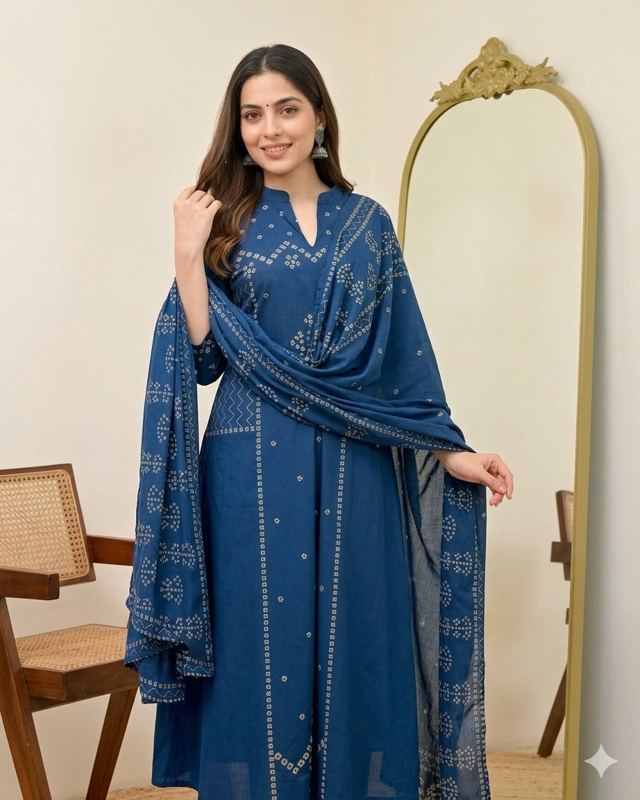 Azure Noor Bandhej Mirror A Line Cotton Kurta Set With Dupatta