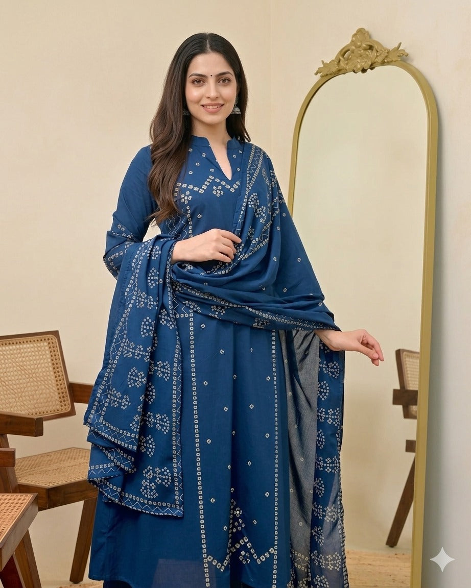 Azure Noor Bandhej Mirror A Line Cotton Kurta Set With Dupatta