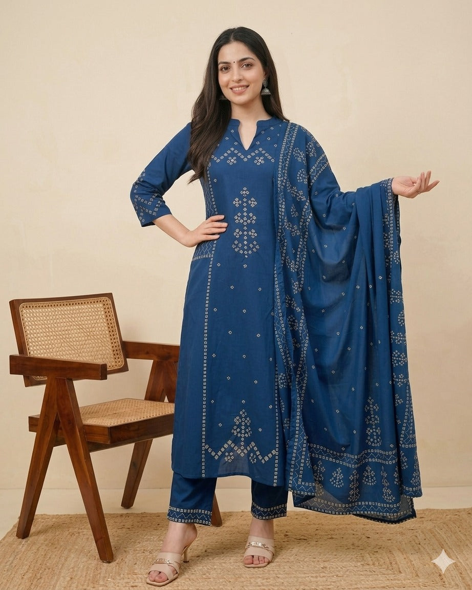 Azure Noor Bandhej Mirror A Line Cotton Kurta Set With Dupatta
