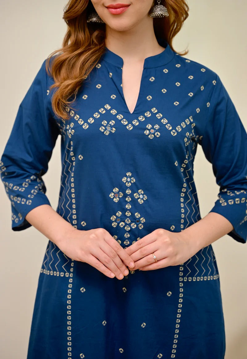 Azure Noor Bandhej Mirror A Line Cotton Kurta Set With Dupatta