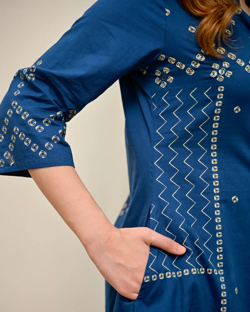 Azure Noor Bandhej Mirror A Line Cotton Kurta Set With Dupatta