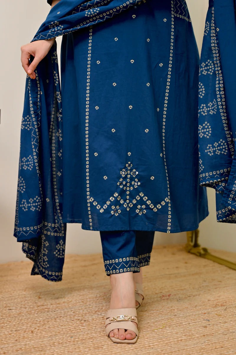 Azure Noor Bandhej Mirror A Line Cotton Kurta Set With Dupatta