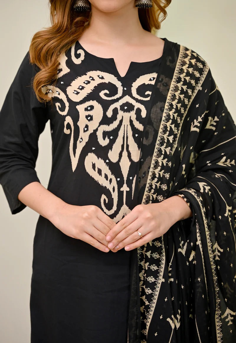 Black Kalamkari Pearl Cotton Suit for Women