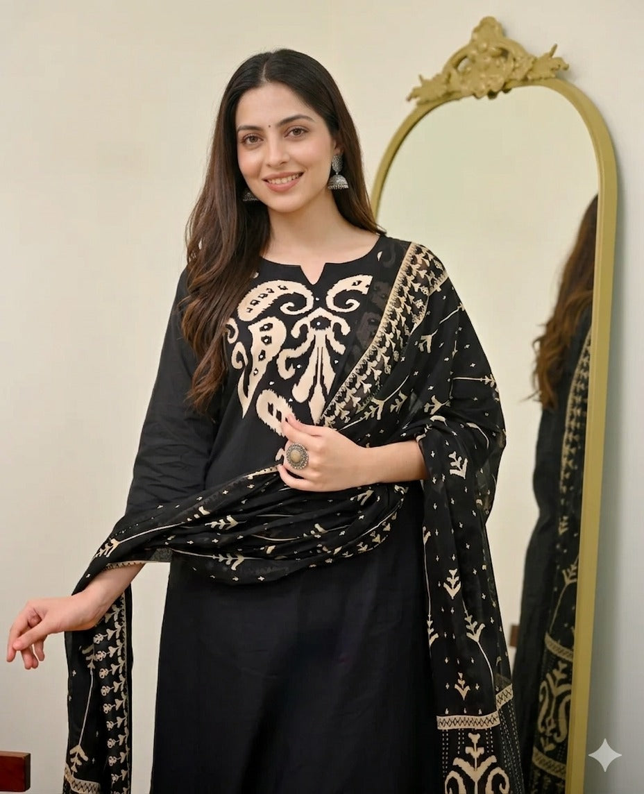 Black Kalamkari Pearl Cotton Suit for Women