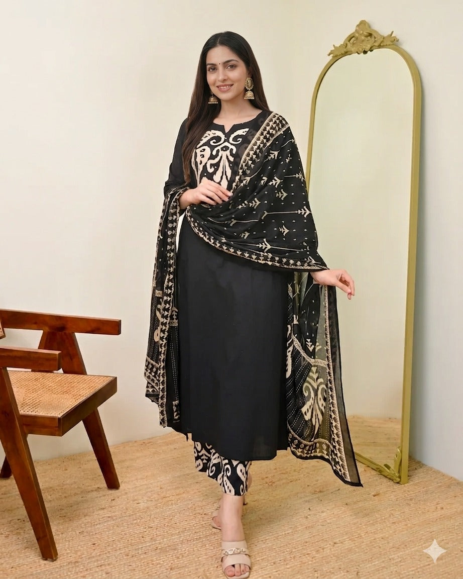 Black Kalamkari Pearl Cotton Suit for Women