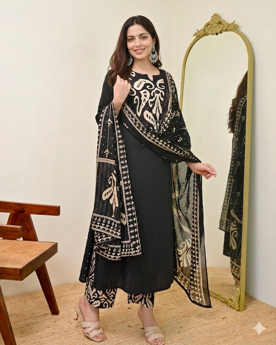 Black Kalamkari Pearl Cotton Suit for Women