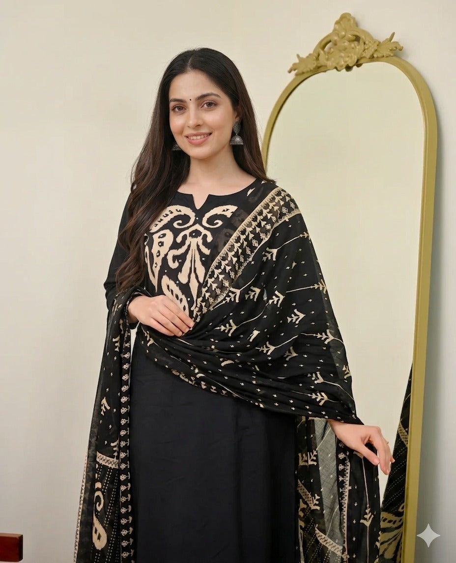 Black Kalamkari Pearl Cotton Suit for Women