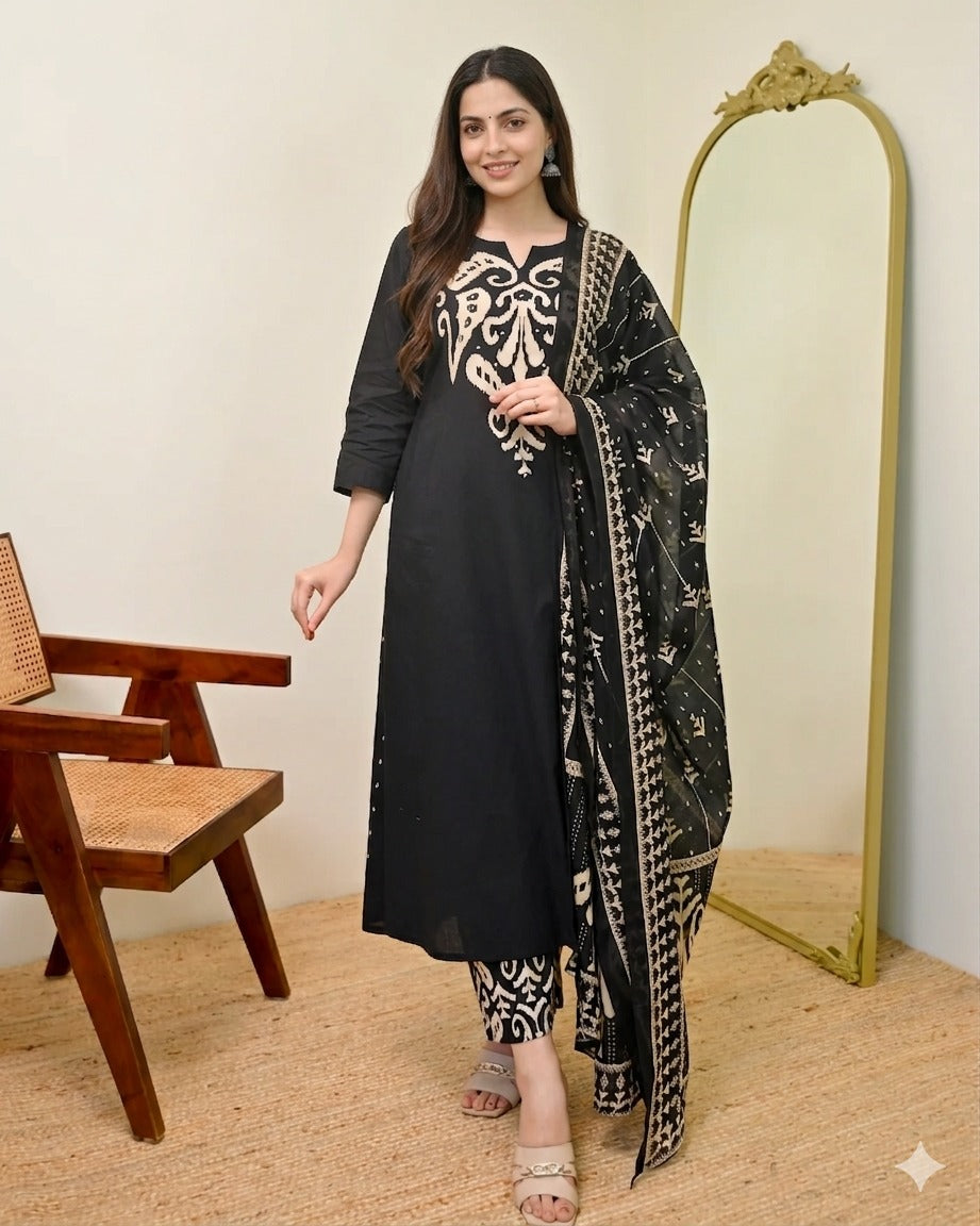 Black Kalamkari Pearl Cotton Suit for Women
