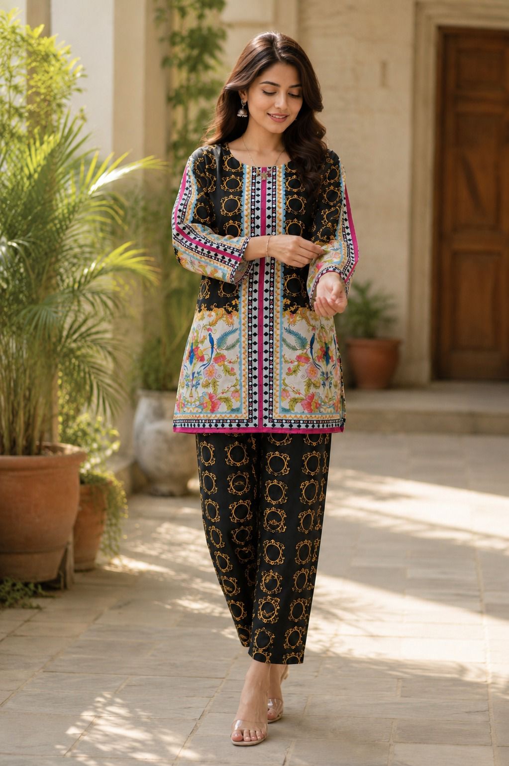 Woman wearing Chakada co-ord kurta pant set full look - SANAYAA