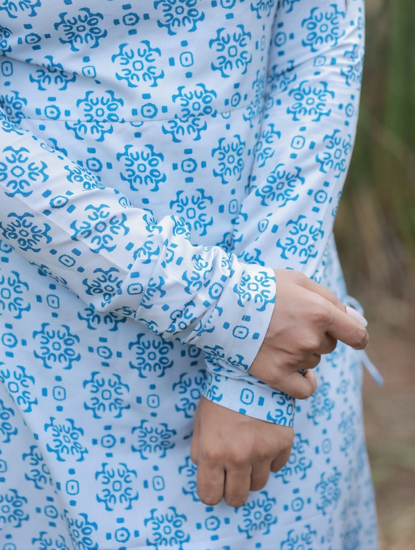 Sky Blue Block Print Kurti - Ruffle Cuff Close Up