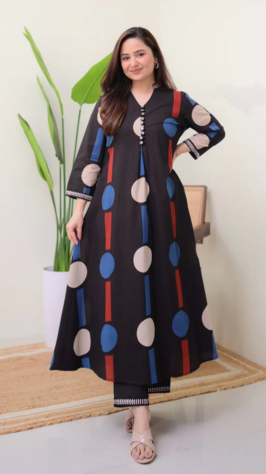 Black Geometric A Line Premium Cotton Kurta Set